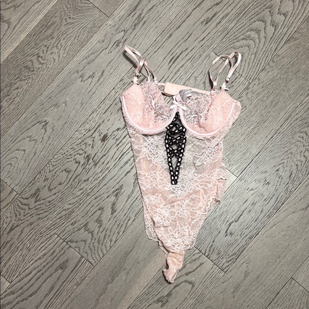 Pink Lace Bodysuit with Black Accents